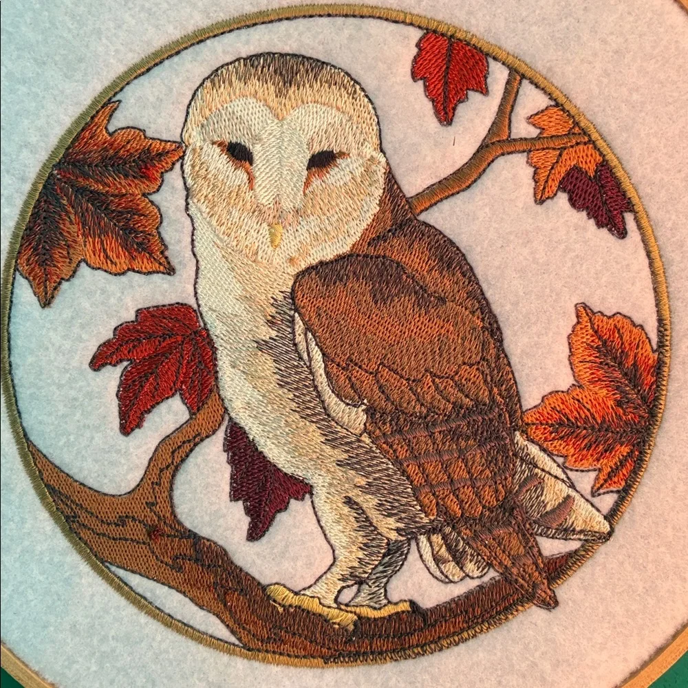 Wooden Round hoop with embroidered barn owl fall leaves wall decor autumn 8.5